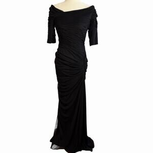 TADASHI SHOJI Draped Mesh Gown Dress Black M Asymmetrical Event Party Evening
